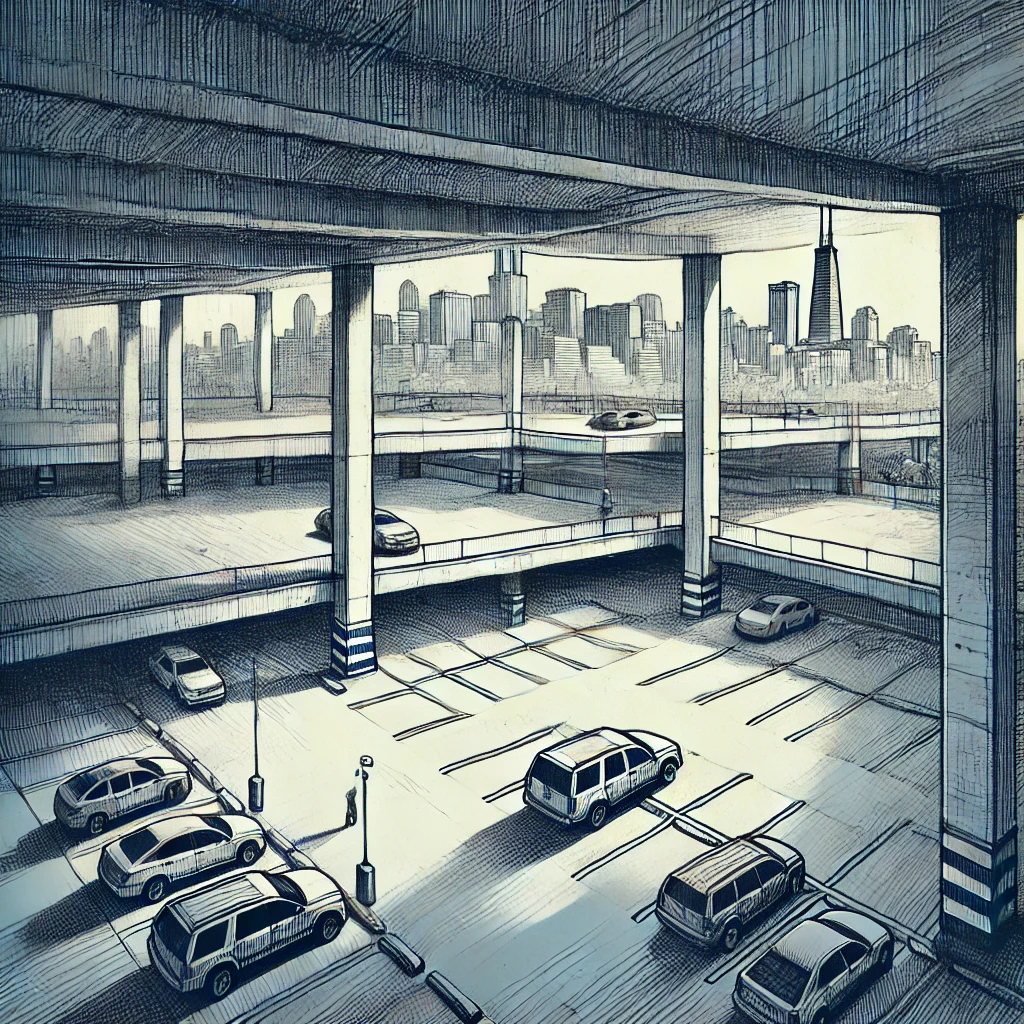 An illustration of an empty parking garage